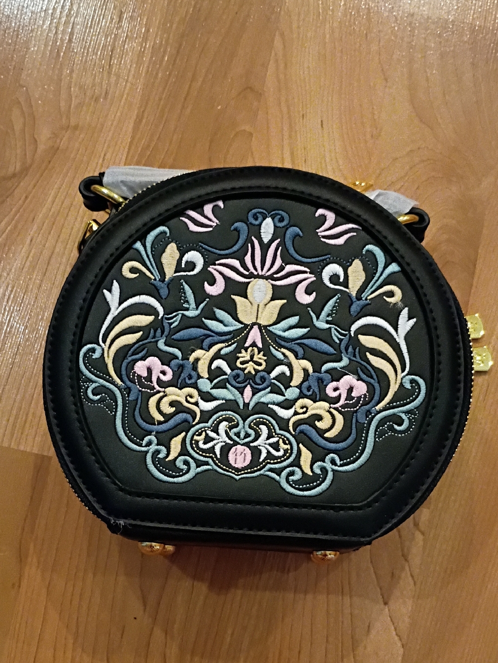 Black Mini Round Crossbody Bag with Pastel Embroidered Motif